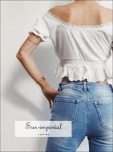 White Cropped Summer top Women Blouses off Shoulder top Chiffon Ruffle Lace Blouse