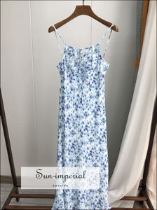 White Dress with Blue Floral Print Silk Sling Midi Cami Strap and Ruched Tie front Bust SUN-IMPERIAL United States