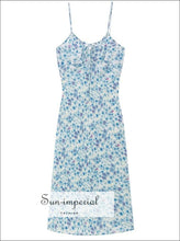 White Dress with Blue Floral Print Silk Sling Midi Cami Strap and Ruched Tie front Bust SUN-IMPERIAL United States