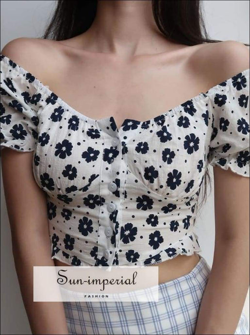 White Floral Bardot top - off Shoulder Buttoned Crop with Puff Sleeve SUN-IMPERIAL United States
