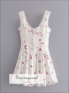 White Floral Print Sleeveless A-line Backless Mini Dress with Square Collar Lace and Bow Tie detail chick sexy style, night out dress, about