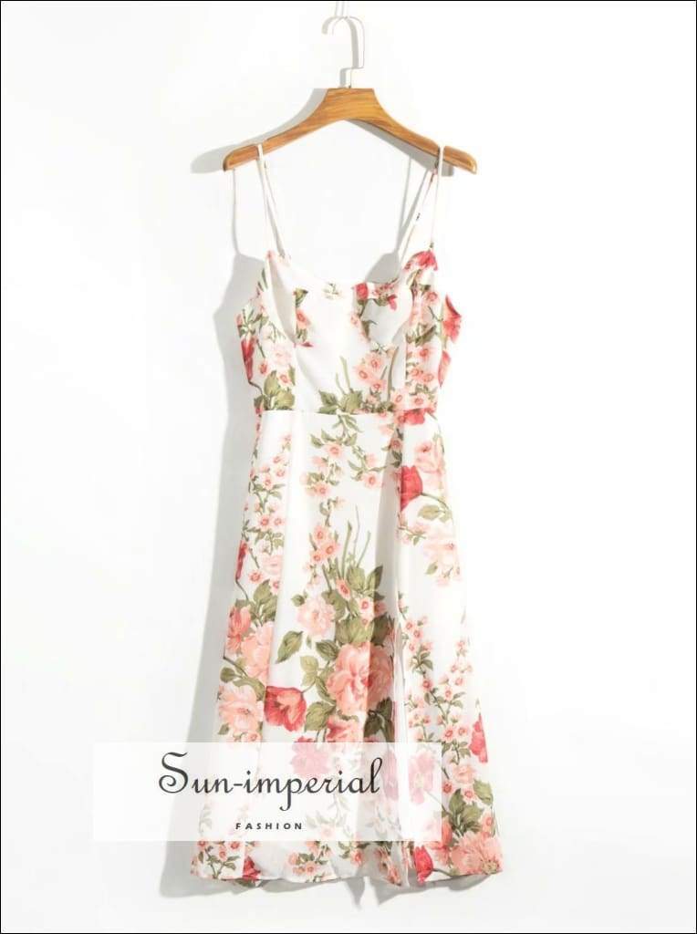 White Floral thin Tie Strap Midi Dress side Split blue, blue dress, midi cami strap, strap dress SUN-IMPERIAL United States