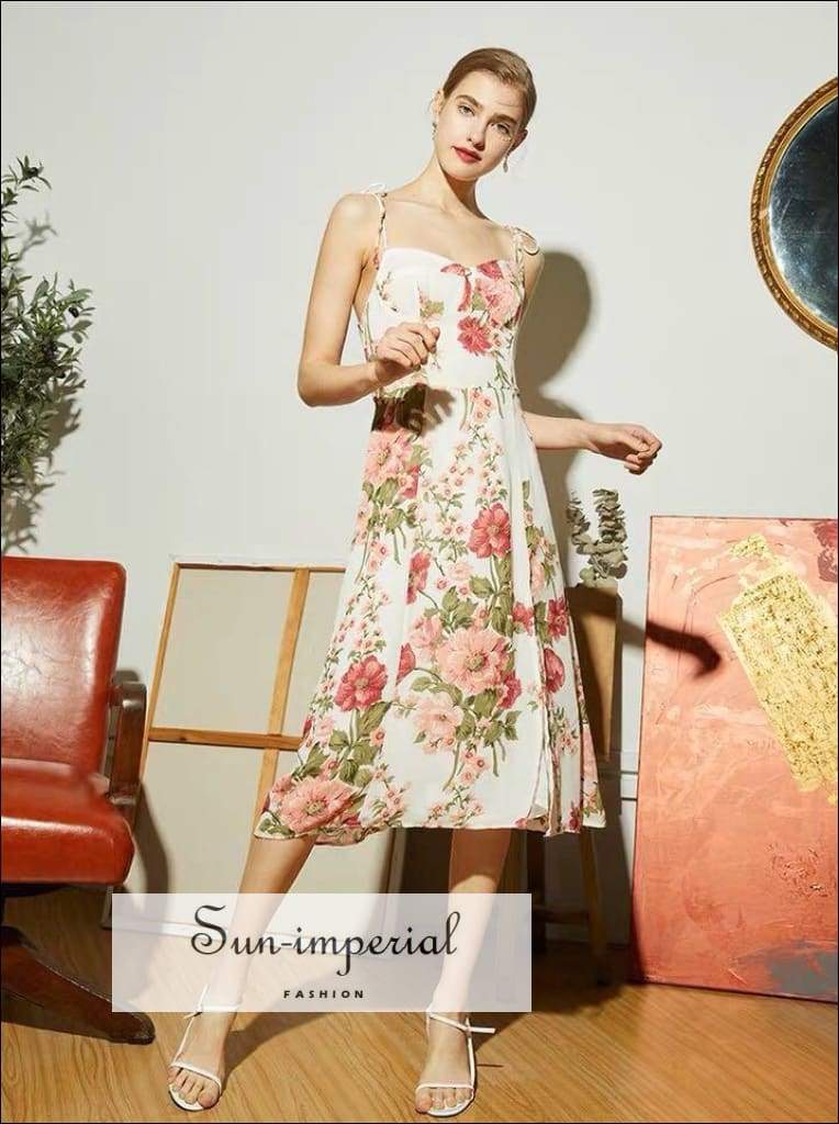 Sun-Imperial - White Floral Thin Tie Strap Midi Dress Side Split N421 Floral DR4727 / M