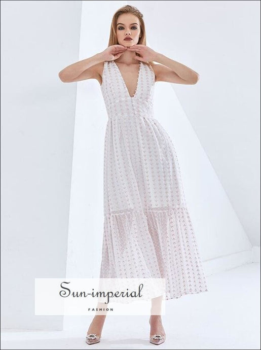 White Heart Print Elegant Sleeveless Deep V High Waist Backless Maxi Dress Beach Style Print, bohemian style, boho elegant Summer 