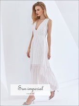 White Heart Print Elegant Sleeveless Deep V High Waist Backless Maxi Dress Beach Style Print, bohemian style, boho elegant Summer 