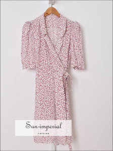 White Heart Print V-neck Short Puff Sleeve Wrap Mini Dress vintage style SUN-IMPERIAL United States