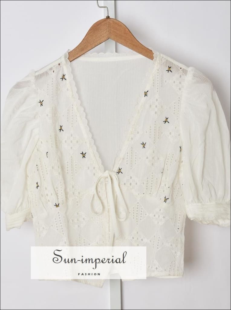 White Lace Embroidery Women Blouse with Deep V and Short Lantern Sleeve Lcanter top vintage style SUN-IMPERIAL United States