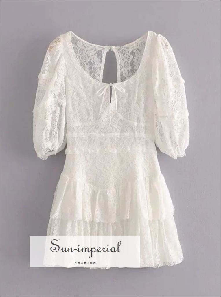 Sun-Imperial - White Lace Floral Embroidery Short Sleeve A-Line Backless Mini Dress with Ruffles and As Pic / M Sun-Imperial - White Lace Floral Embroidery Short Sleeve A-Line Backless Mini Dress with Ruffles and As Pic / M