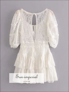 White Lace Floral Embroidery Short Sleeve A-line Backless Mini Dress with Ruffles and Bow Tie detail chick sexy style, night out dress, 