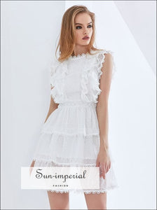 White Lace Sleeveless Layered A-line Mesh Mini Dress with Dot and Ruffle detail SUN-IMPERIAL United States