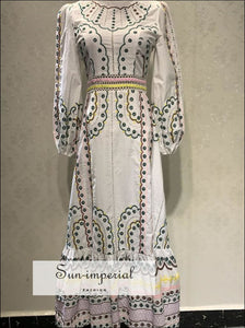 White Midi A-line Embroidery and Dot Printed Long Sleeve O-neck Dress Unique style, vintage style SUN-IMPERIAL United States