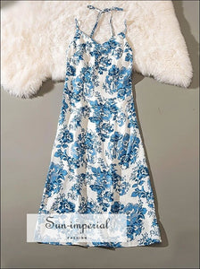 White Midi Dress with Blue Flower Print Cami Strap Backless Slim Cut Vintage Dress