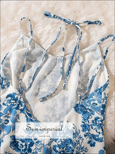 White Midi Dress with Blue Flower Print Cami Strap Backless Slim Cut Vintage Dress