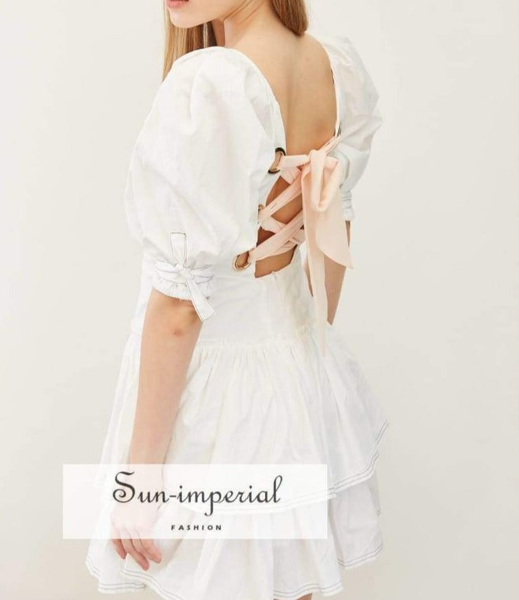 Sun-imperial - white mini dress with puff sleeve high neck pink lace tie back backless mini dress Sun-Imperial Sun-imperial - white mini dress with puff sleeve high neck pink lace tie back backless mini dress Sun-Imperial