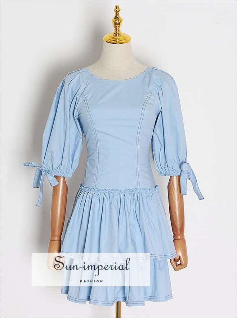 Sun-imperial - white mini dress with puff sleeve high neck pink lace tie back backless mini dress Sun-Imperial Sun-imperial - white mini dress with puff sleeve high neck pink lace tie back backless mini dress Sun-Imperial
