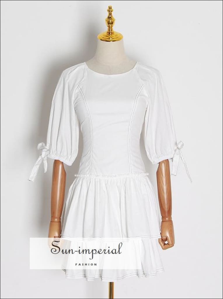 Sun-imperial - white mini dress with puff sleeve high neck pink lace ...