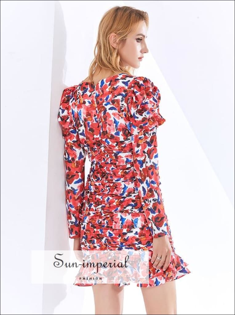 red white and blue floral dress Blue White Red Floral Dress, Summer V Neck, Long Sleeve V Neck, Spring Floral Dress Blue Red, Ruffle Neck Dress Pattern