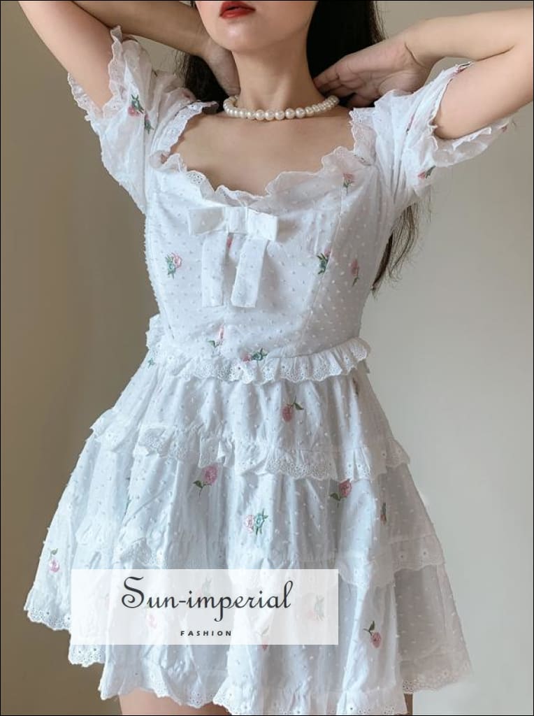 White off Shoulder Floral Embroidery Puff Short Sleeve Mini Dress chick sexy style, night out dress SUN-IMPERIAL United States