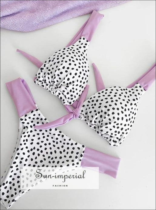 White Polka Dot Brazilian Bikini with Purple Strap detail SUN-IMPERIAL United States
