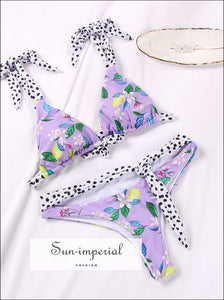 White Polka Dot Brazilian Bikini with Purple Strap detail SUN-IMPERIAL United States