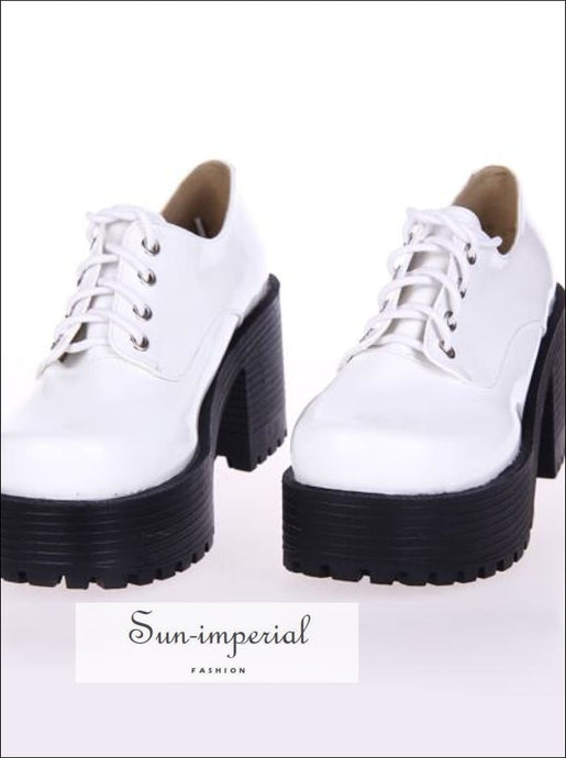 White Punk Lace up Oxfords Vegan Leather with Short Block Heel and Chunky Treaded Soles casual style, harajuku SHOES, Preppy Style Clothes, 