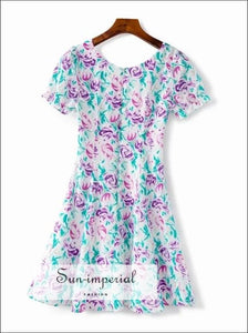 White Purple Floral Print Silk Mini Dress with Short Puffed Sleeve and Square Collar elegant style, party dress, vintage style SUN-IMPERIAL 
