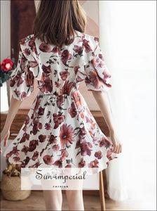 White Red Floral Mini Dress with Short Puff Sleeve V-neck Ruffles detail Bohemian Style, elegant style, harajuku Preppy Style Clothes, 