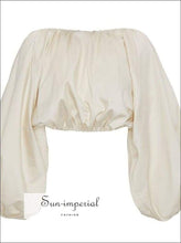 White Satin Backless Crop top Long Sleeve Blouse Lantern Puffed Sleeve