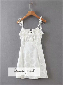 White Satin Floral Jacquard Tie Shoulder Mini Dress