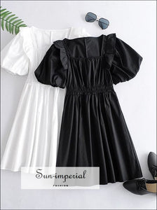 White Short Puff Sleeve Square Neck Mini Dress Black Dress, bohemian style, boho casual harajuku style SUN-IMPERIAL United States