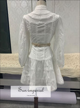 White Turtleneck Flower Embroidery A- Line Dress with Long Lantern Sleeve and Lace Decor Details elegant styke, Unique style, vintage style 