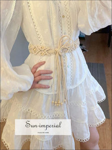 White Turtleneck Flower Embroidery A- Line Dress with Long Lantern Sleeve and Lace Decor Details elegant styke, Unique style, vintage style 
