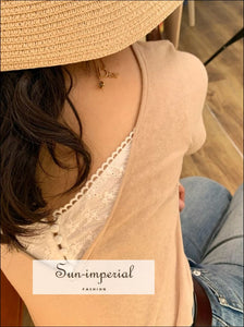White V-neck front and back V Neck Women T-shirt Lace Buttons Detailing Short Sleeve Blouse Basic style, vintage women t-shirt SUN-IMPERIAL 