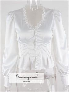 White V-neck Lace Women top Longlantern Sleeve Button up Elegant Vintage Blouse chick sexy style, Unique vintage style SUN-IMPERIAL United 