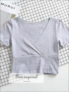 White V-neck Warp Women Short Sleeve T-shirt Cotton Solid Tee SUN-IMPERIAL United States