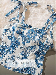 White Vintage Cami with Blue Floral Print Tie Wide Straps Crop top