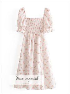 White Vintage Chiffon Split front Elastic Bust Floral Print Maxi Dress SUN-IMPERIAL United States