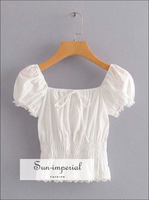 White Vintage Short Sleeve top with Center Bow Elastic Waist Women Blouse