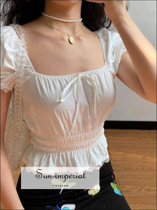 White Vintage Short Sleeve top with Center Bow Elastic Waist Women Blouse