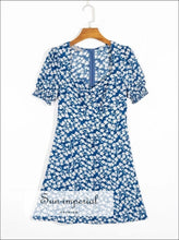 White Vintage Sweetheart Square Neckline Blue Floral Print Mini Dress with Short Puff Sleeve SUN-IMPERIAL United States