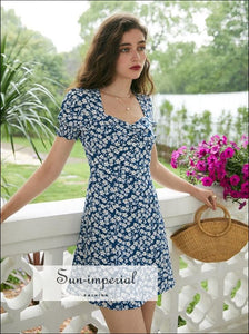 White Vintage Sweetheart Square Neckline Blue Floral Print Mini Dress with Short Puff Sleeve SUN-IMPERIAL United States