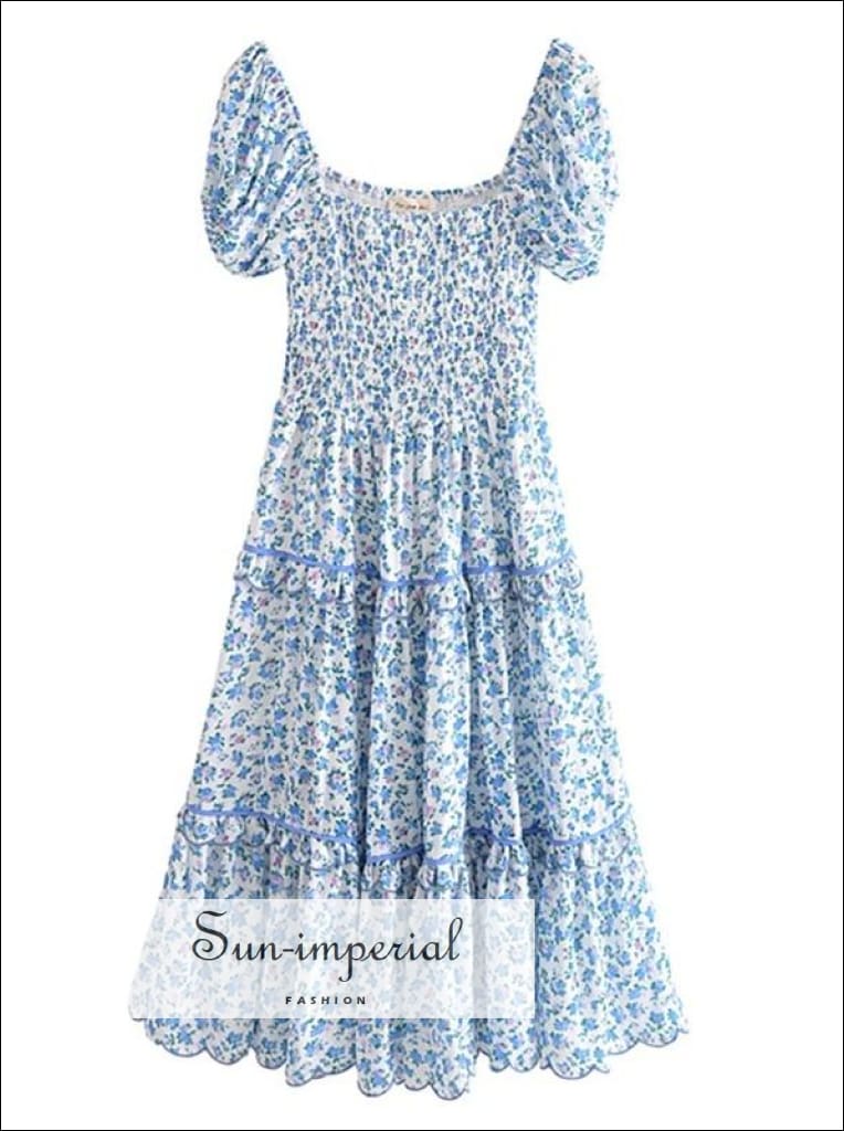 White with Blue and Pink Floral Print Short Sleeve Midi Dress Square Collar Elastic back SUN-IMPERIAL United States