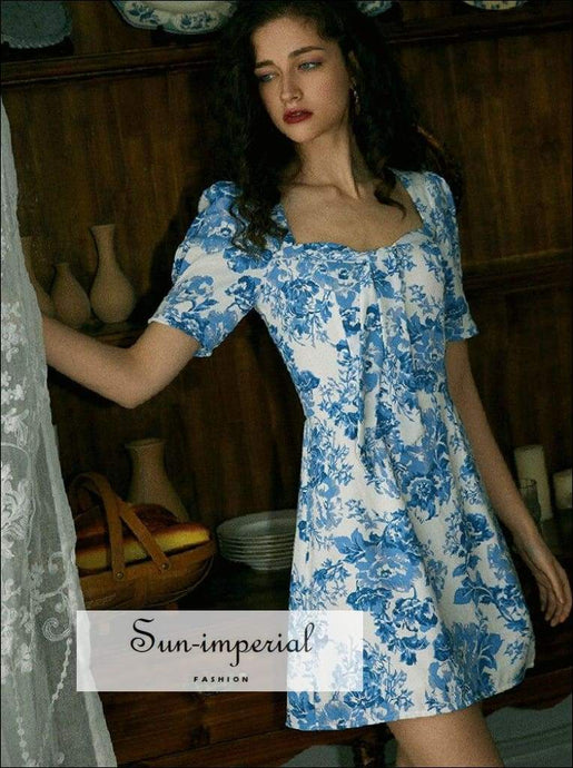 White with Blue Floral Print Mini Sleeve Short Vintage Dress Center Bow dress, floral print, flower flowers High quality dress SUN-IMPERIAL 