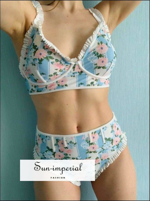 White with Blue Stripes and Flower Print Two Piece Women Padded Bikini Cut out back Tank Ruffle best seller, chick sexy style, vintage syle 