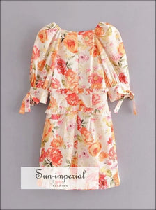 White with Orange and Pink Floral Print Deep V-neck Half Tied Sleeve Mini Dress chick sexy style, night out dress, party dress SUN-IMPERIAL 