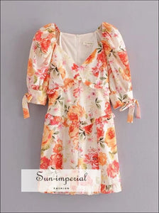 White with Orange and Pink Floral Print Deep V-neck Half Tied Sleeve Mini Dress chick sexy style, night out dress, party dress SUN-IMPERIAL 