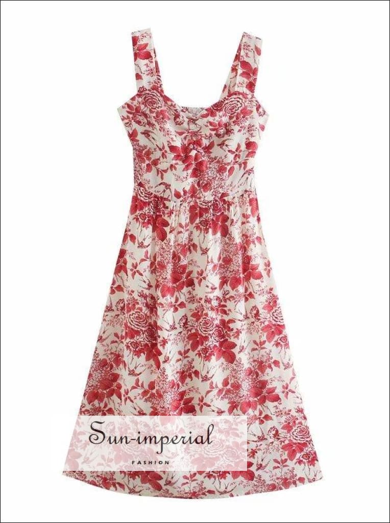White with Red Floral Print Wide Cami Strap Vintage A-line Midi Dress Corset Style Bust a- line midi dress, Beach Print, bohemian style, 