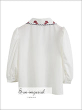 White Women Buttoned Blouse with Red Embroidery Flower Printed Lapel Collar Single Pocket Retro 3/4 vintage style, women blouse Puff Sleeve 