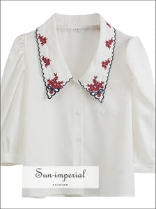 White Women Buttoned Blouse with Red Embroidery Flower Printed Lapel Collar Single Pocket Retro 3/4 vintage style, women blouse Puff Sleeve 
