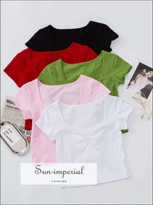 White Women Casual Tee Ruched Crop top T Shirt green crop top, women tee, high street fashion, solid black ctop tee SUN-IMPERIAL United 